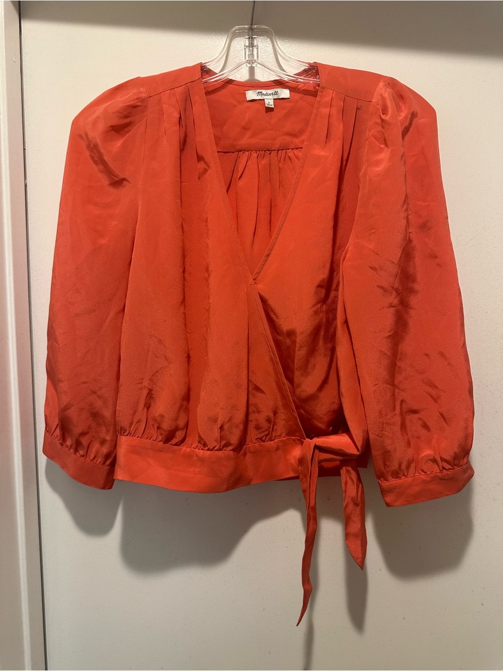 Madewell Coral-Orange 100% Silk Blouse Wrap & Cropped Size Small